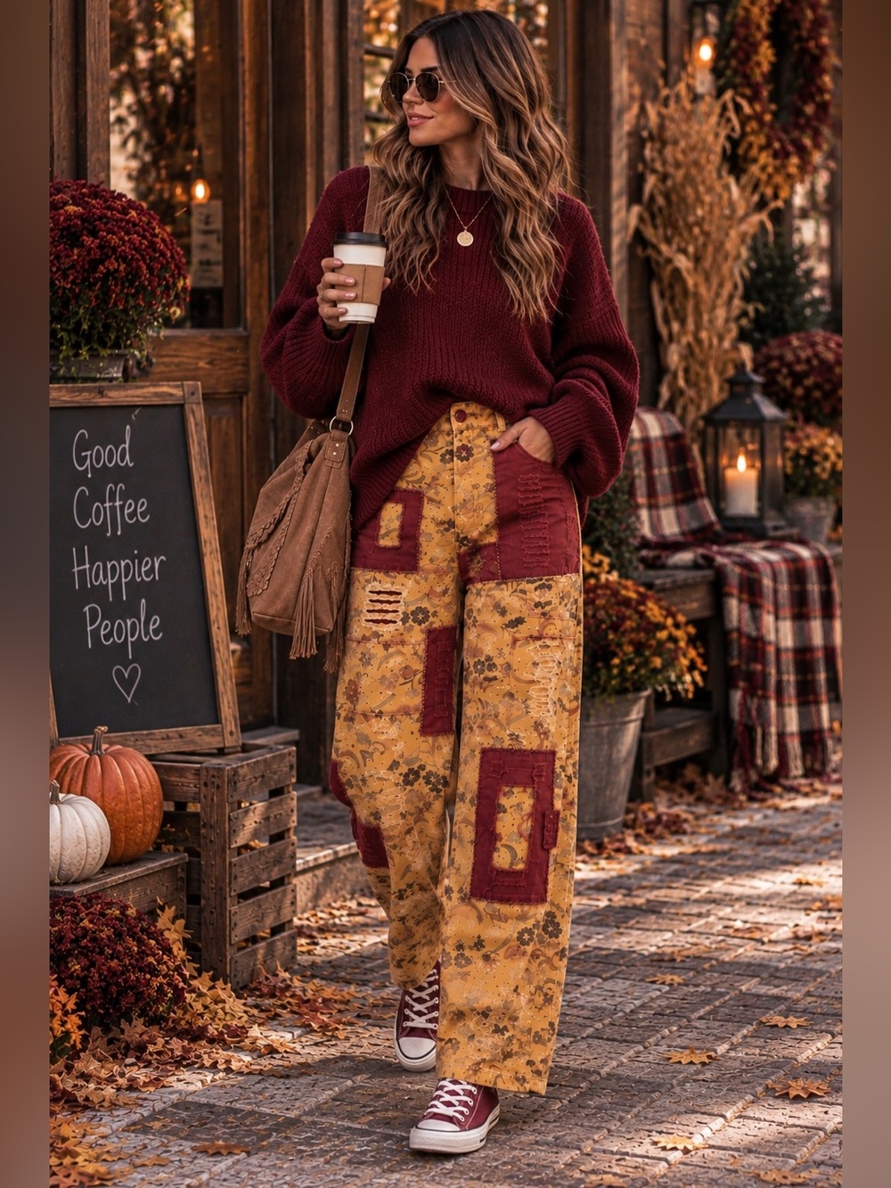 NWT Blue Velvet Patchwork Barrel Pants L/XL — Boho Floral Mustard & Burgundy